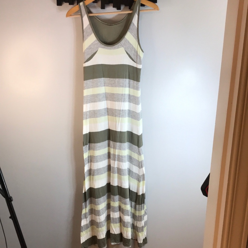 Source Unknown Olive, Gray & Cream Striped Sleeveless Maxi Dress